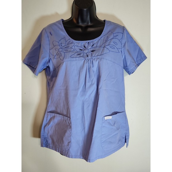 Cherokee Floral‎ Scrub Top Medical Uniform Short Sleeve Blue Size Small - Picture 1 of 5